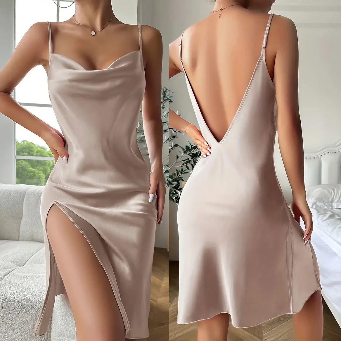 Nuisette Femme Satin Dos Nu Bretelles — Chemise de Nuit Sexy, Lounge Été