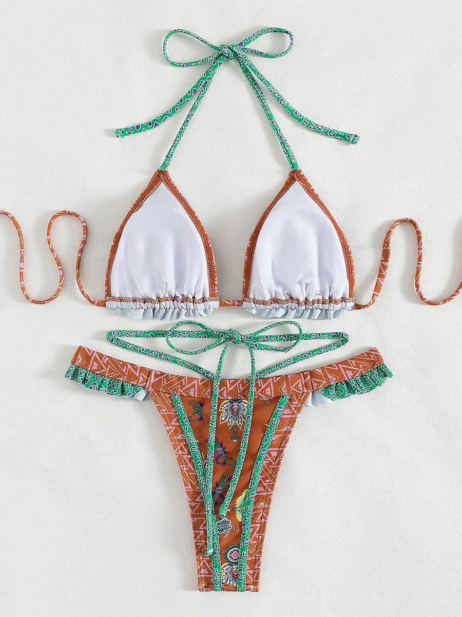 Bikini Halter Floral Volanté Femme — 2 Pièces, Tanga, Maillot de Bain Plage