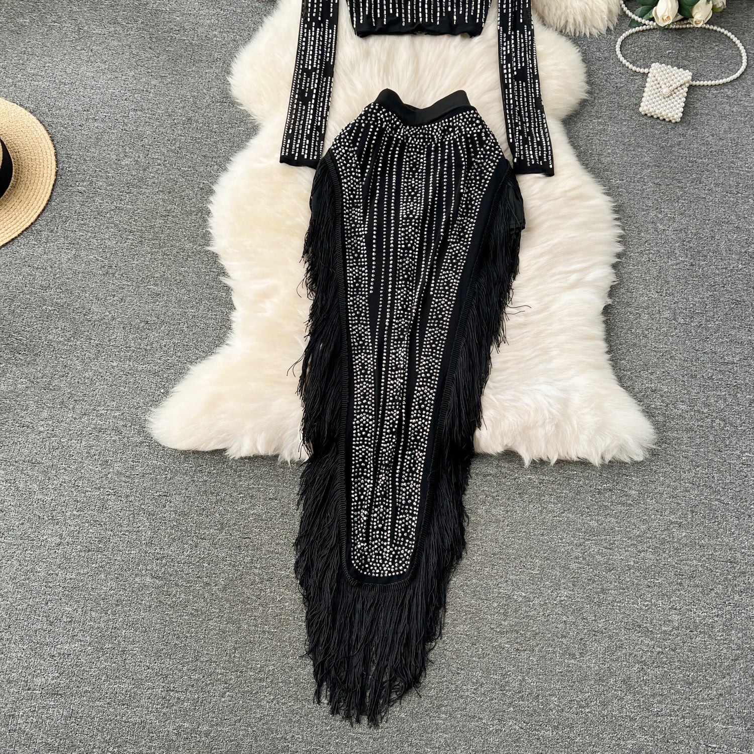 Ensemble Femme Manches Longues Sequins & Franges — Jupe Longue Tendance 2024