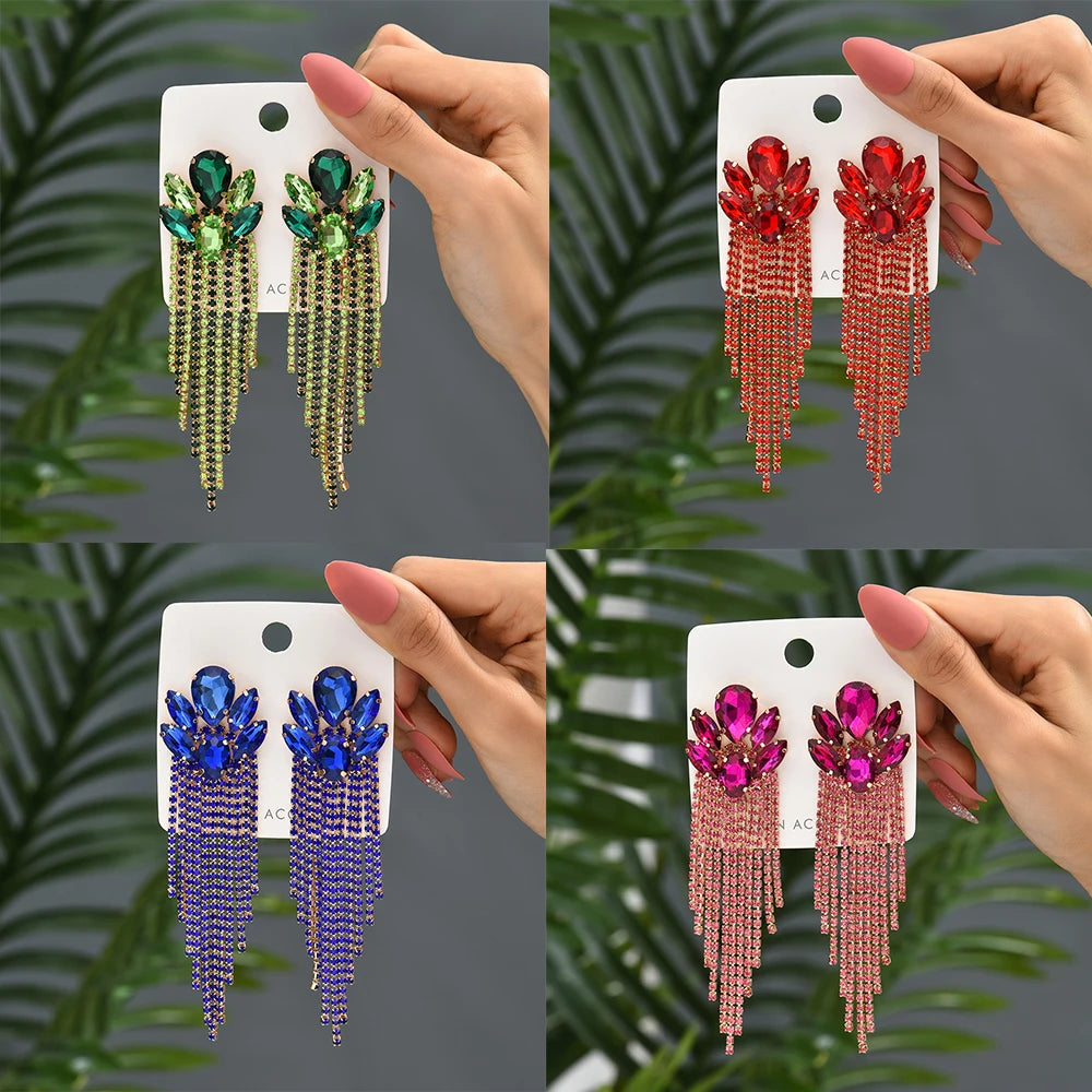 Boucles d'Oreilles Longues Pendantes Cristal Verre Femme — Franges Luxe, Cadeau Bijou