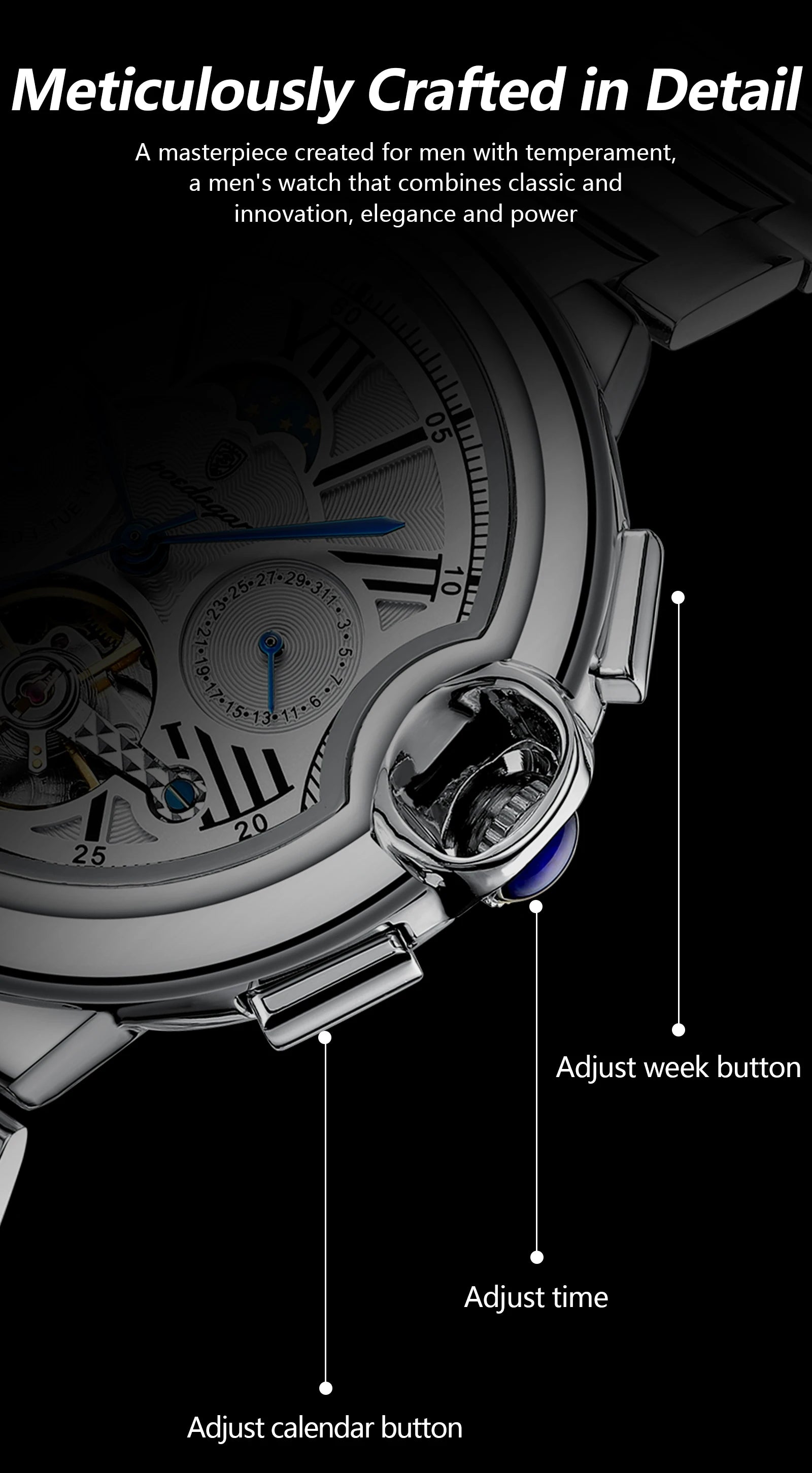 POEDAGAR Montre Automatique Homme Luxe — Tourbillon, Acier, Date & Semaine, Étanche