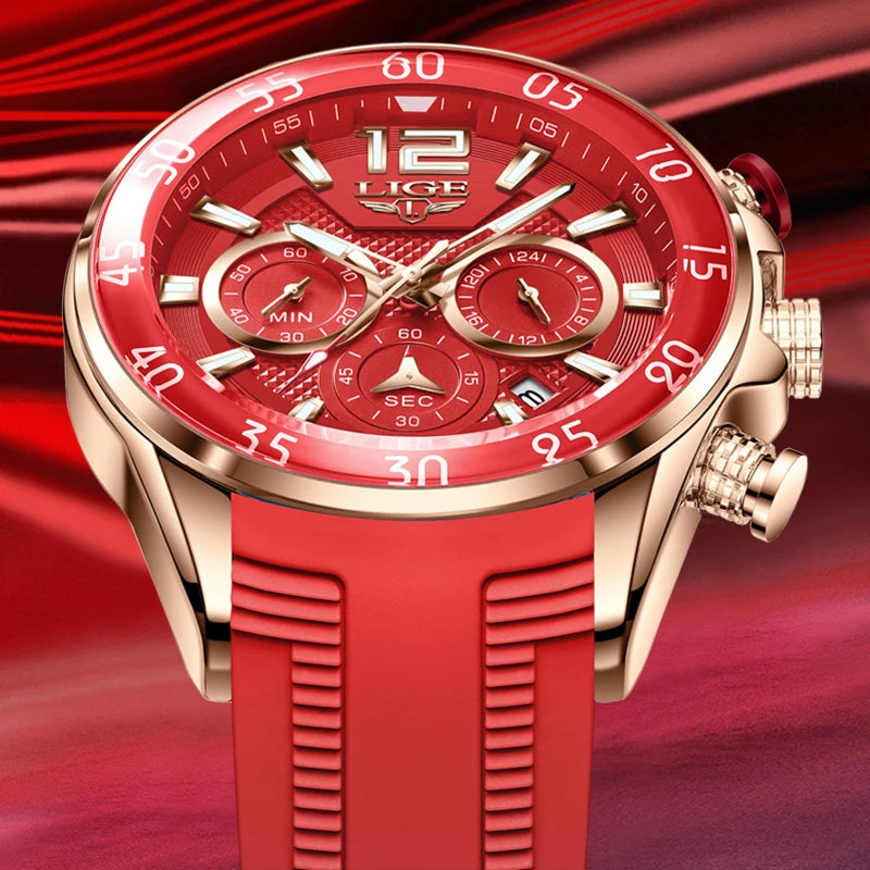Montre Homme LIGE Sport Rouge Silicone — Étanche, Chronographe Quartz, Luxe