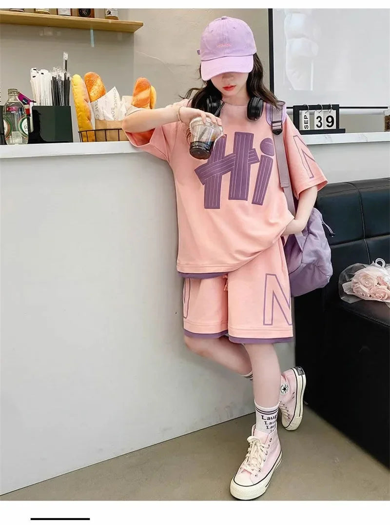 Ensemble 2 pièces filles – T-shirt manches courtes & short décontracté imprimé lettres, 5-14 ans
