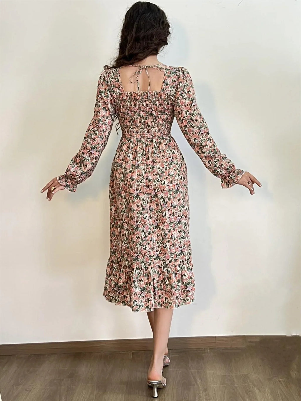Robe Midi Femme Mousseline Manches Longues — Imprimé Floral Laçage