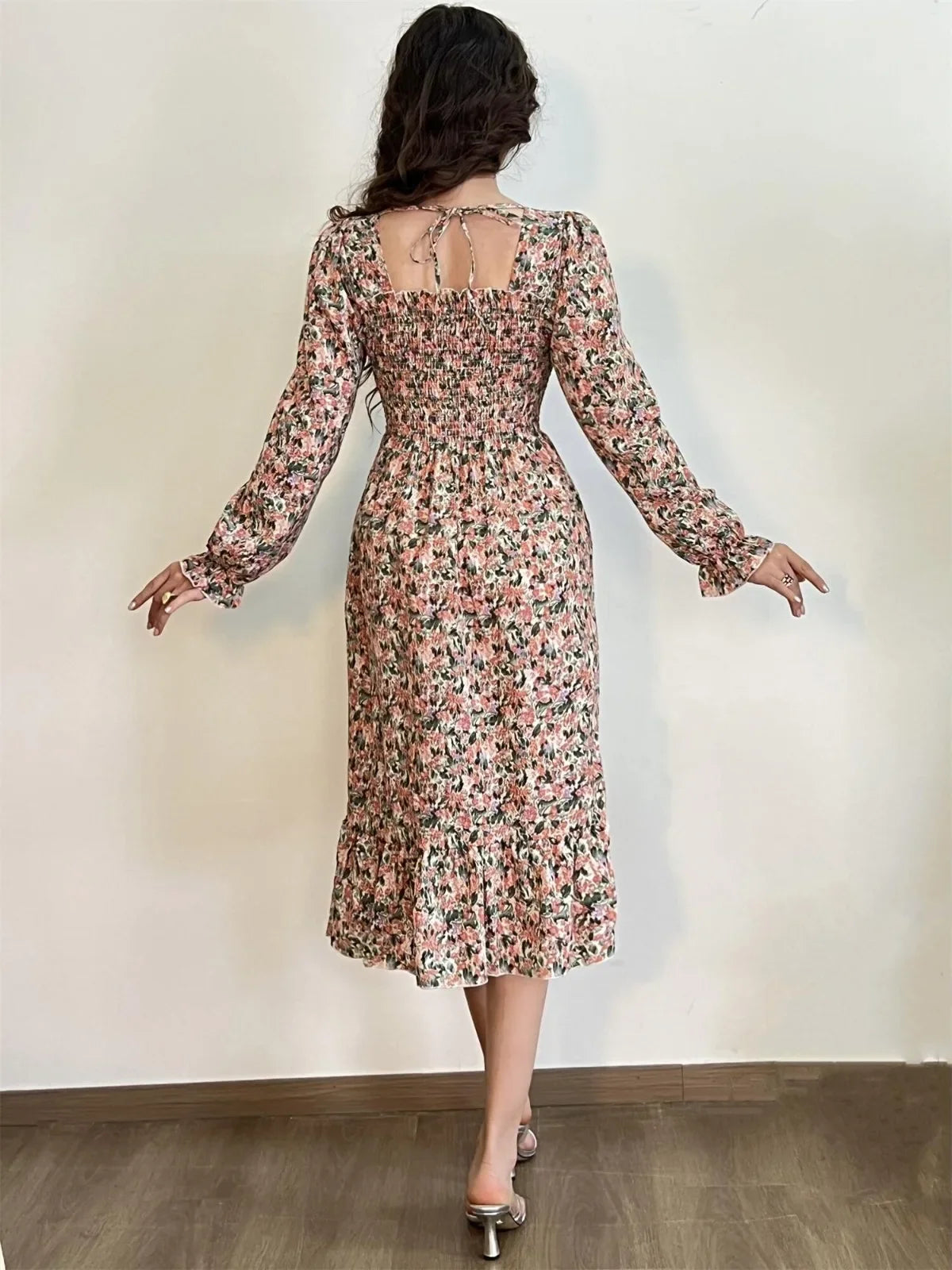 Robe Midi Femme Mousseline Manches Longues — Imprimé Floral Laçage