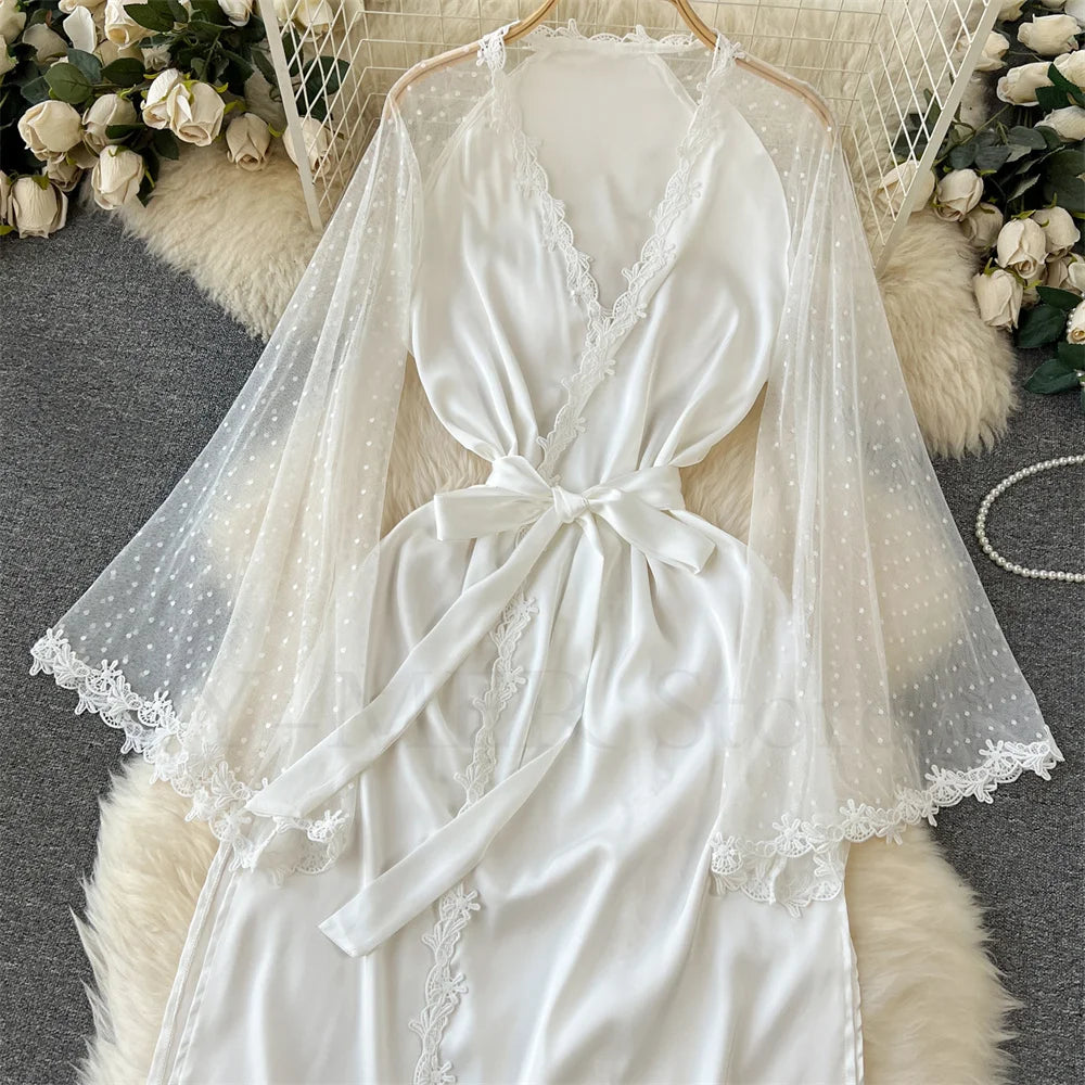 Robe de Chambre Kimono Dentelle Broderie — Longue, Satin Soie, Mariage & Nuit