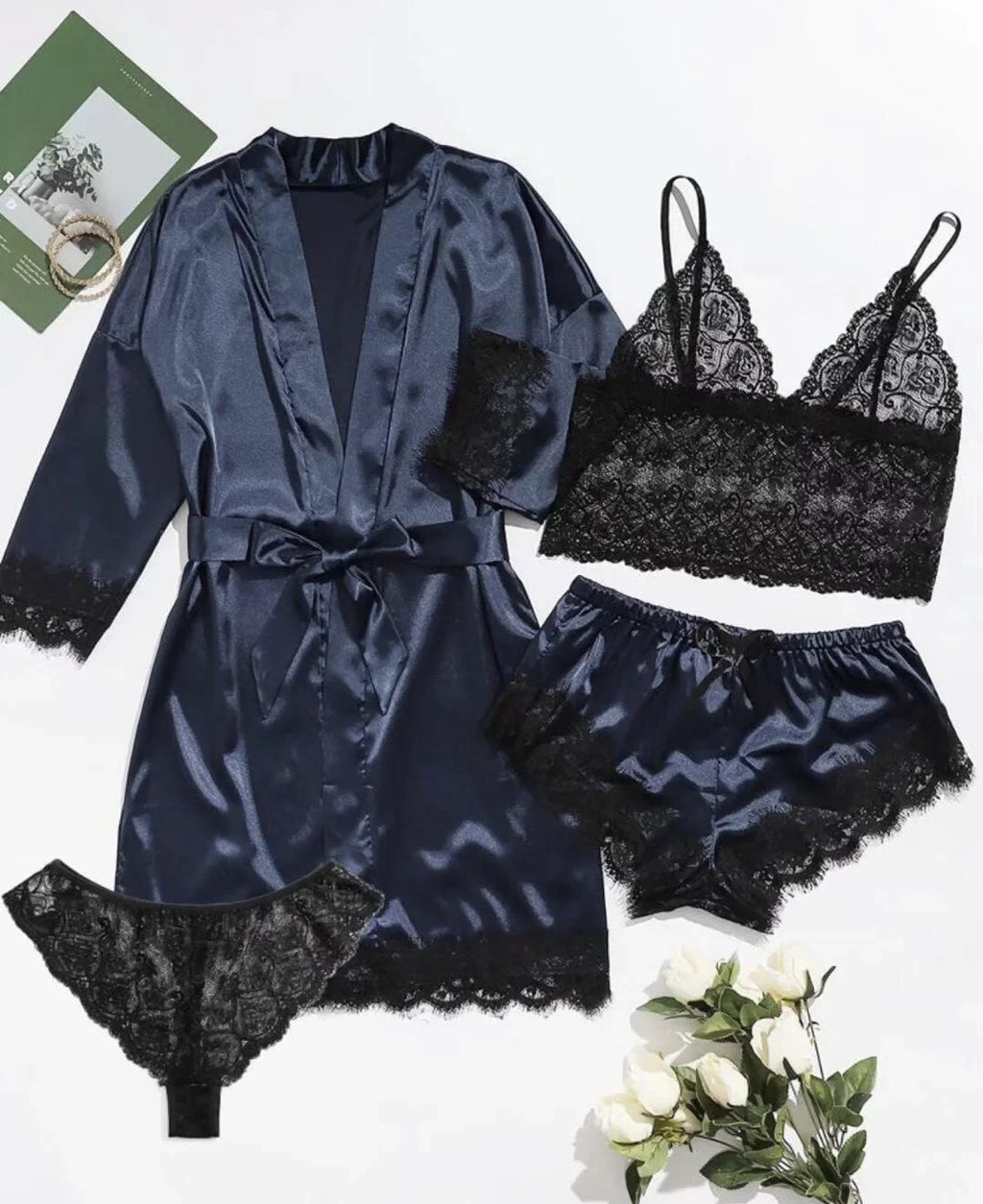 Ensemble Lingerie Femme 4 Pièces Dentelle — Nuisette, Short, Robe de Chambre, Sexy