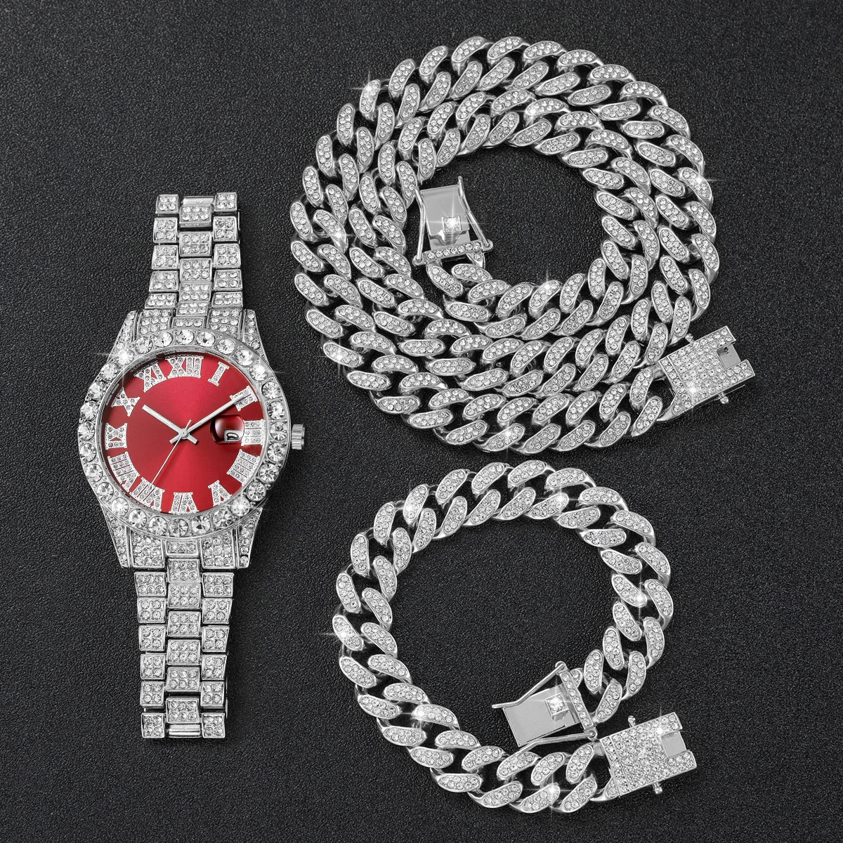 Coffret 3 Montres Homme Luxe Diamant — Cadran Roma, Acier, Quartz + Bijoux (Sans Boîte)