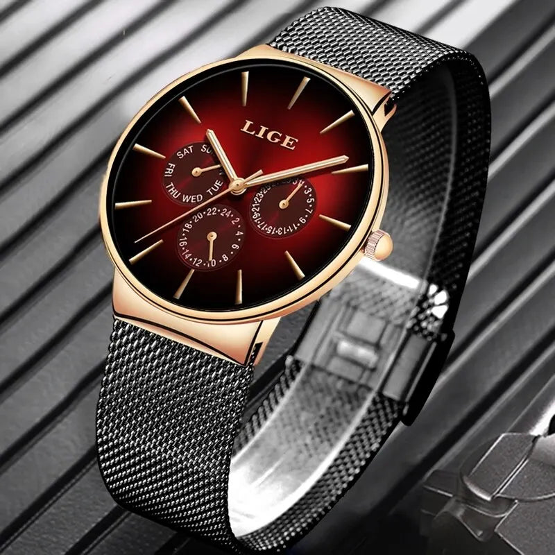 Montre Homme LIGE Luxe Quartz — Maille Acier Ultra-Fine, Étanche, Sport