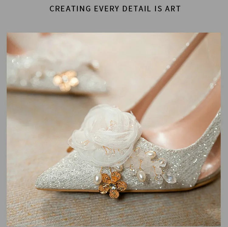 Chaussures Mariage Blanches Bout Pointu Fleurs — Talon Haut, Sandales Été Fashion 2026
