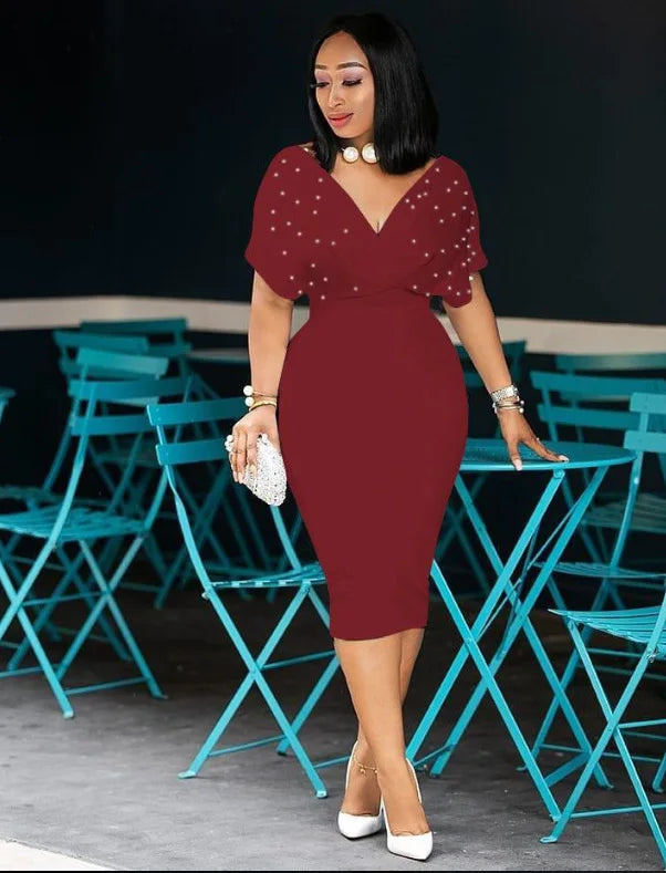 Robe Midi Sexy Col V Moulante — Couleur Unie, Bureau & Soirée, Printemps Été 2025