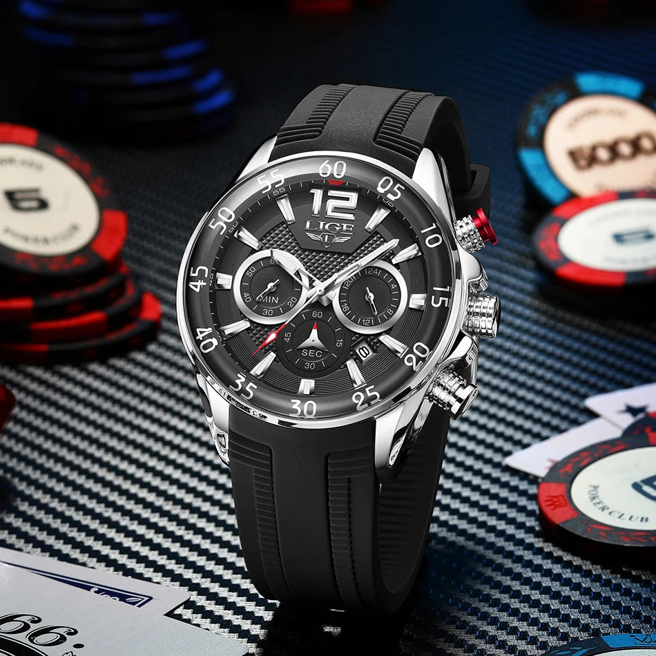 Montre Homme LIGE Sport Rouge Silicone — Étanche, Chronographe Quartz, Luxe
