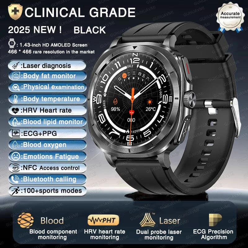 ساعة ذكية صحية بالليزر ECG 2025 — ضغط الدم، حمض اليوريك، NFC، مكالمات