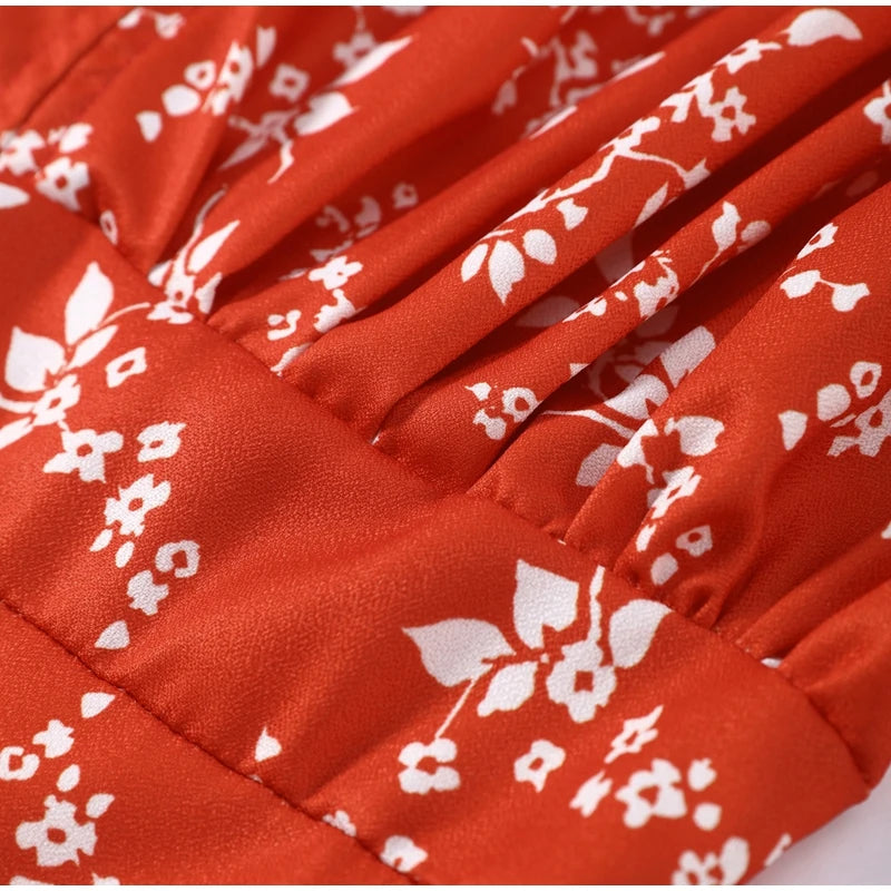 Robe Midi Imprimée Col V Profond — Manches Bouffantes, Taille Haute, Soirée 2026