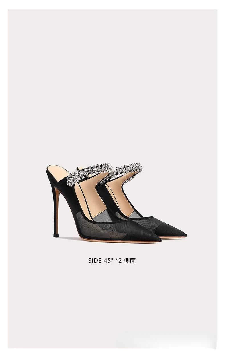 Mules Femme Diamant Filet Bout Fermé 2024 — Talon Fin, Noir, Été Sexy