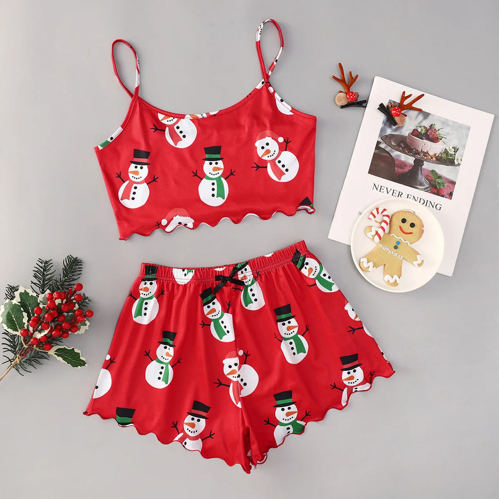 Pyjama Femme Noël Bonhomme de Neige — Bretelles, Col Rond, Top & Short Lounge