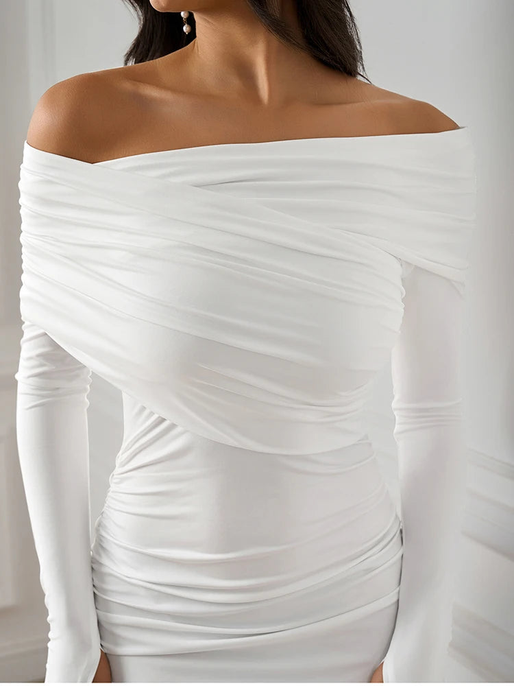Robe Longue Asymmétrique Épaule Unique — Manches Longues, Bodycon Club, Automne