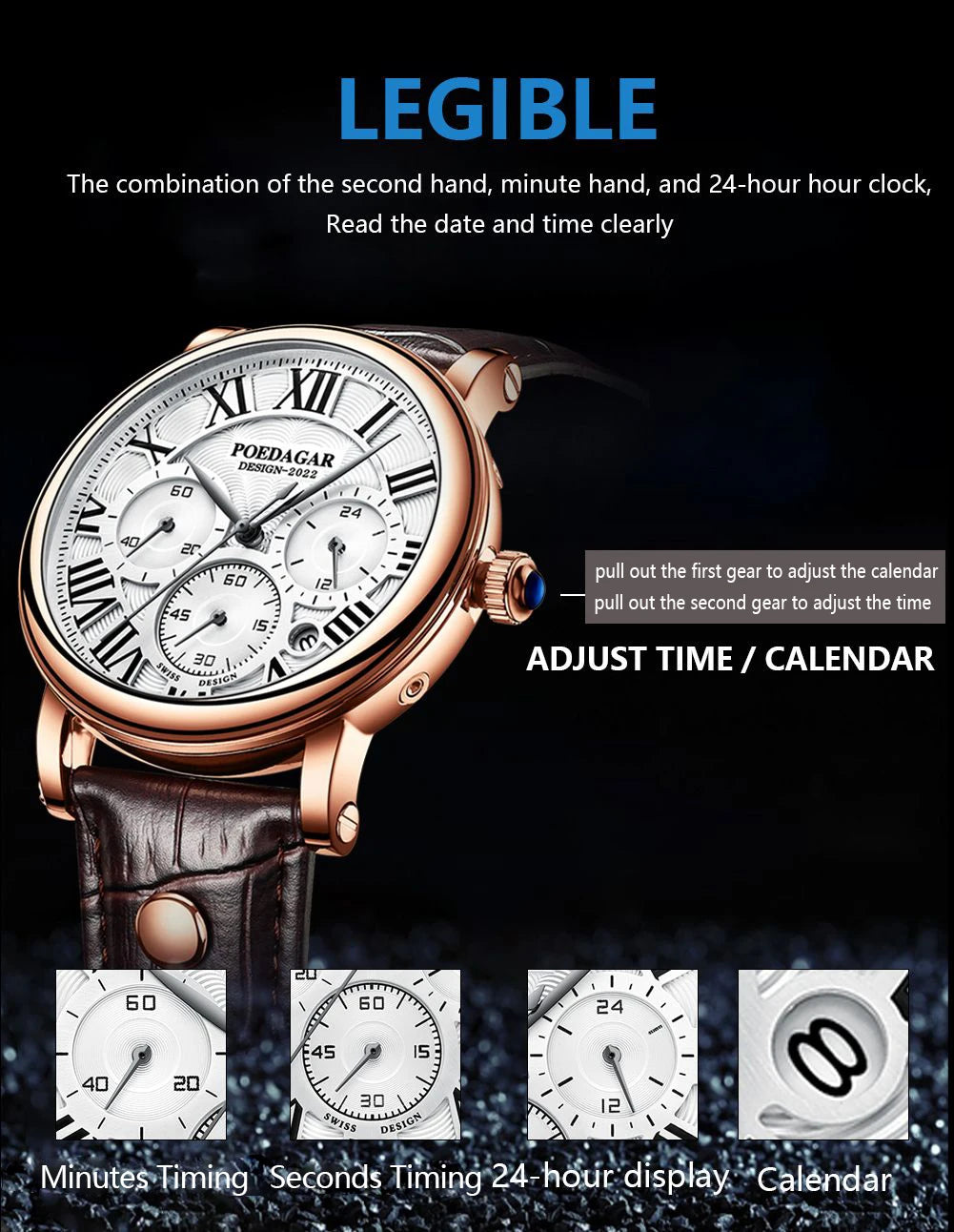 Montre Homme POEDAGAR Luxe Chronographe — Date, Cuir, Étanche, Business