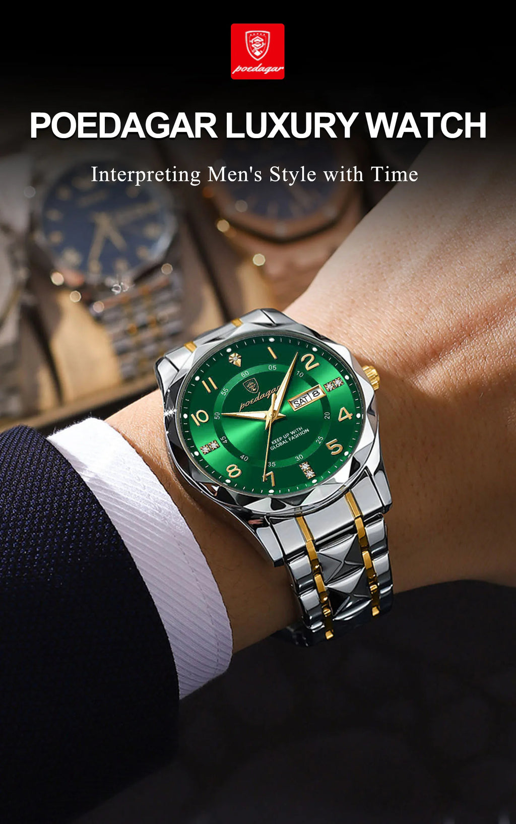 Montre Homme POEDAGAR Business — Acier Inoxydable, Lumineux, Date, Semaine, Quartz