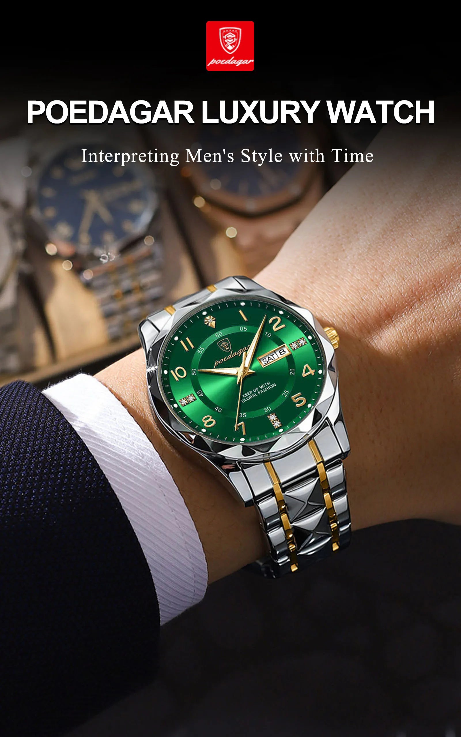 Montre Homme POEDAGAR Business — Acier Inoxydable, Lumineux, Date, Semaine, Quartz