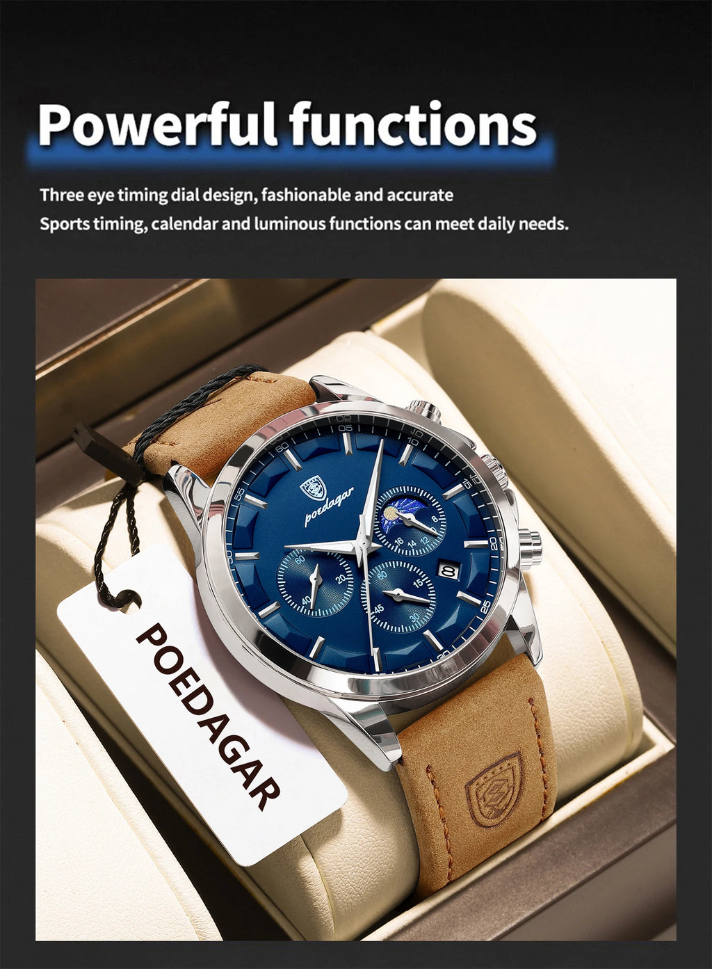 POEDAGAR Montre Homme Luxe Chronographe Cuir — Étanche, Lumineuse, Date, Sport Militaire