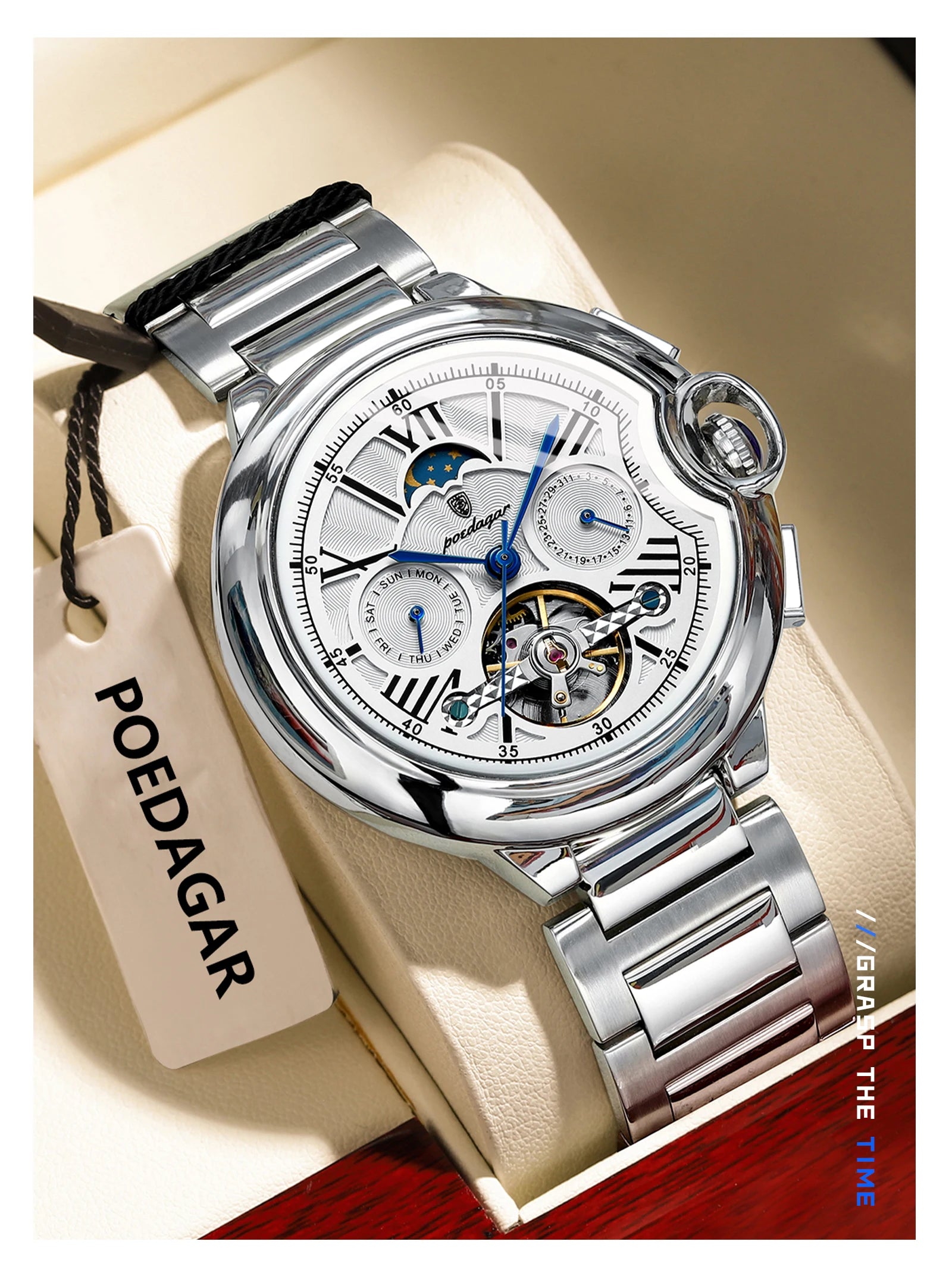 POEDAGAR Montre Automatique Homme Luxe — Tourbillon, Acier, Date & Semaine, Étanche