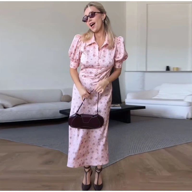 Robe Midi Imprimée Col V Profond — Manches Bouffantes, Taille Haute, Soirée 2026