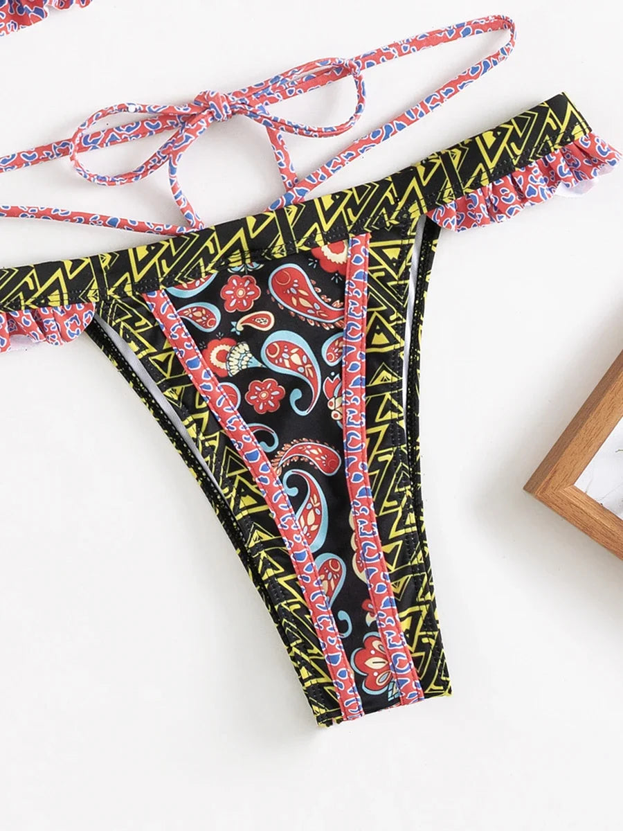 Bikini Halter Floral Volanté Femme — 2 Pièces, Tanga, Maillot de Bain Plage