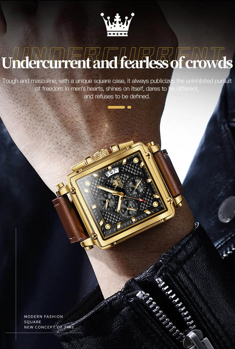Montre Homme OLEVS Carrée Luxe Quartz — Étanche, Lumineux, Chronographe, Relogio