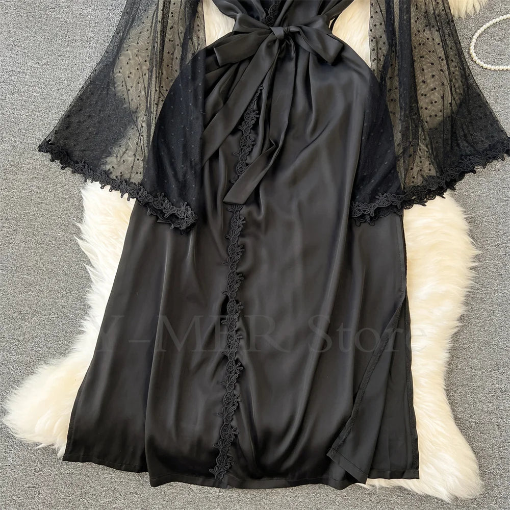 Robe de Chambre Kimono Dentelle Broderie — Longue, Satin Soie, Mariage & Nuit