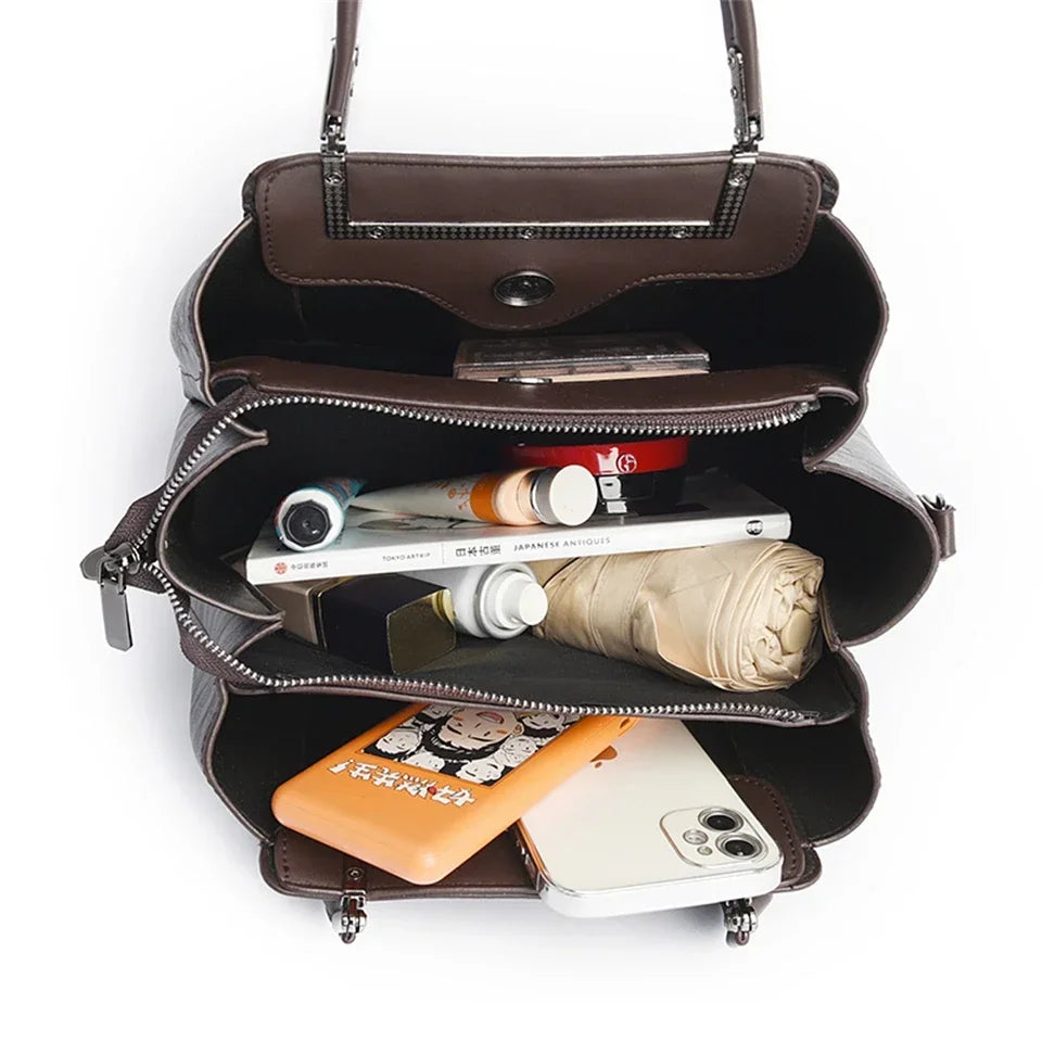 Sac À Main Femme Cuir PU Gaufré Artisanal — 3 Compartiments, Grande Capacité, Bandoulière