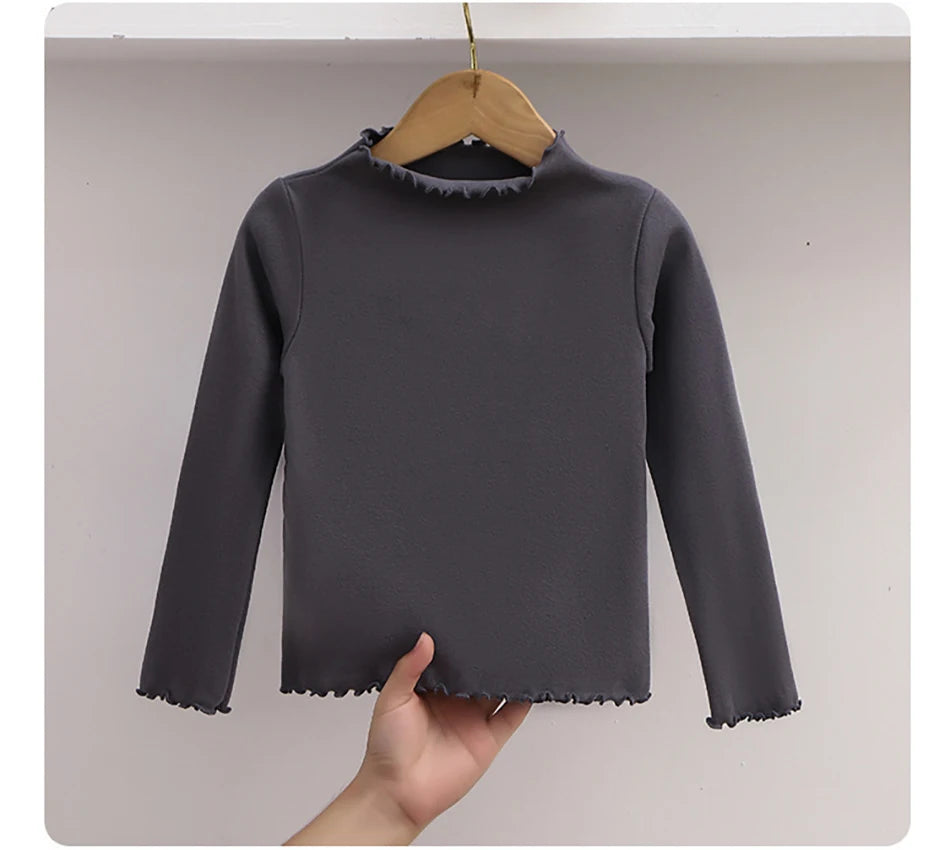 T-Shirt Fille Manches Longues Automne-Hiver — Bord Champignon Couleur Unie