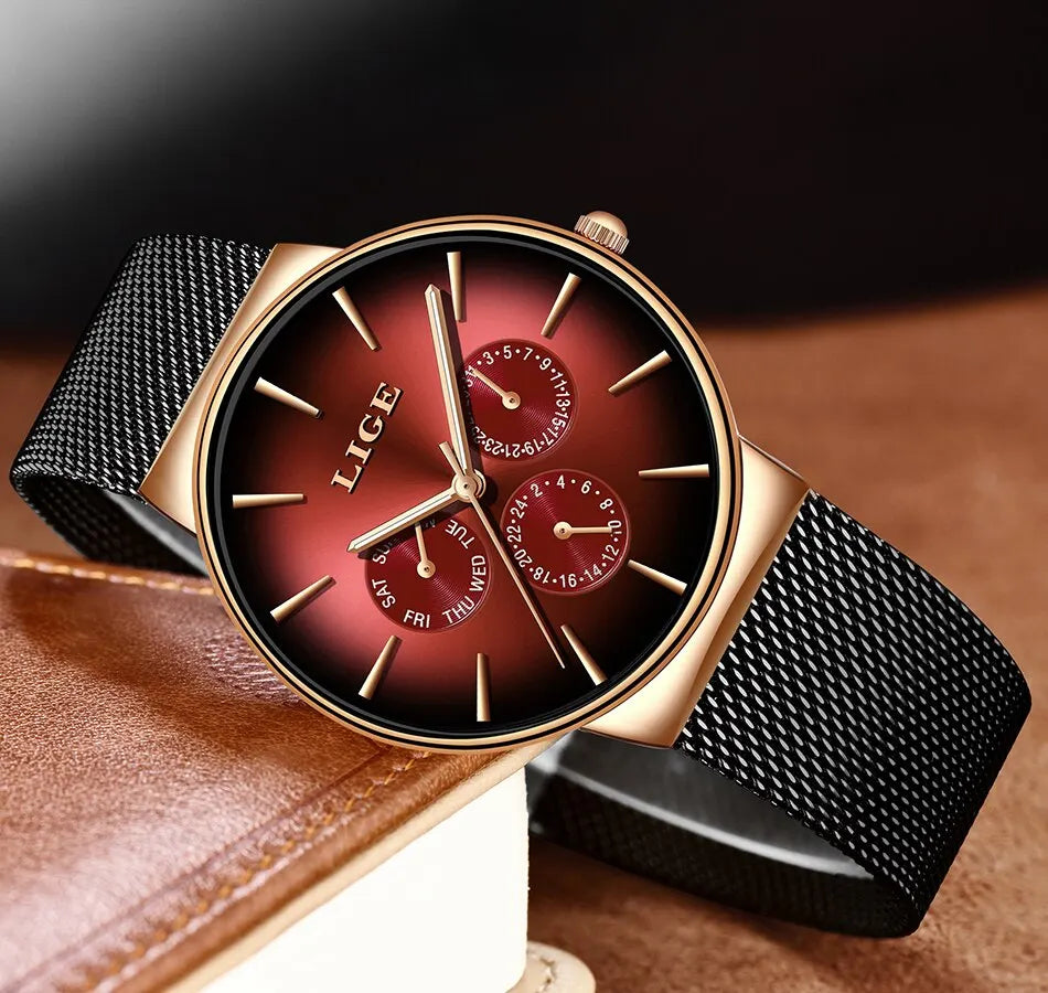 Montre Homme LIGE Luxe Quartz — Maille Acier Ultra-Fine, Étanche, Sport