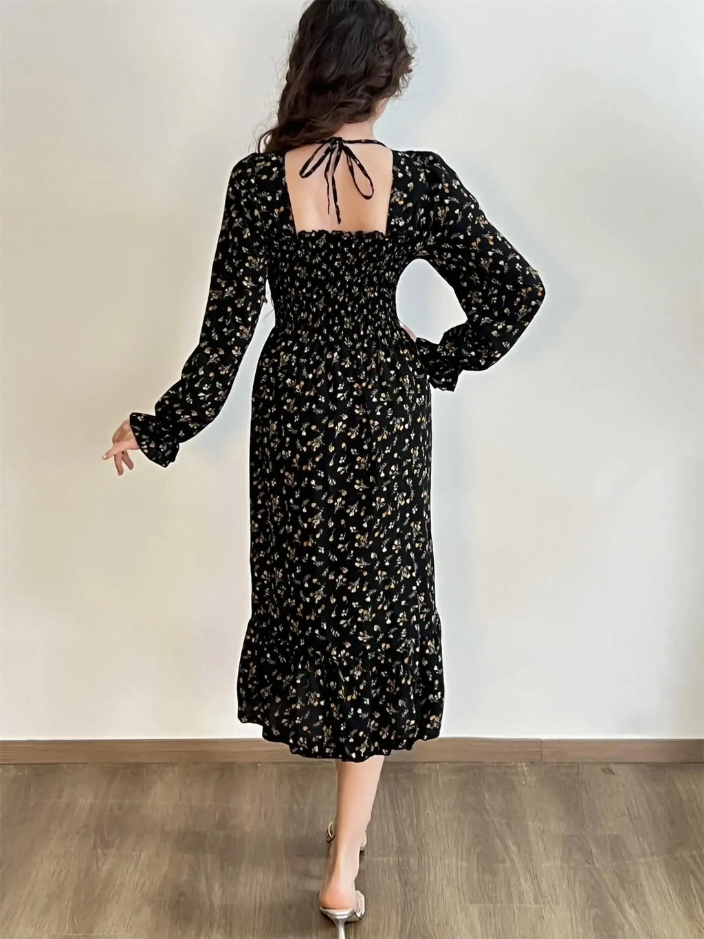 Robe Midi Femme Mousseline Manches Longues — Imprimé Floral Laçage