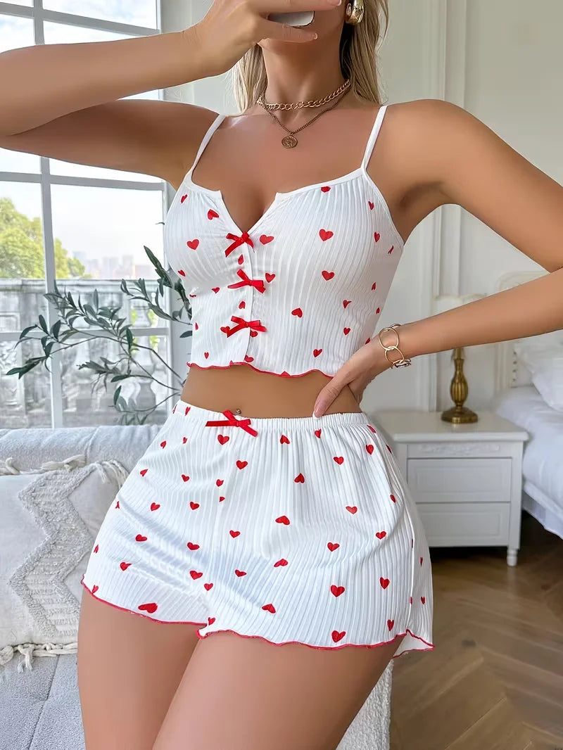 Pyjama Femme Imprimé Cœur Saint-Valentin — Top Court & Short, Tricot Doux Lounge