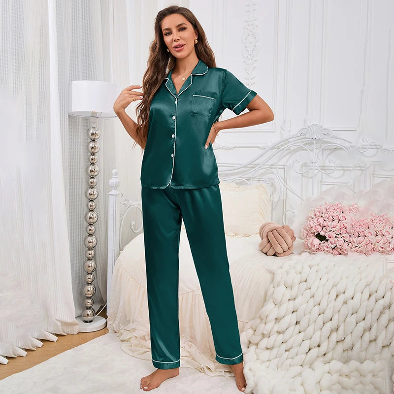 Pyjama Femme Satin Automne 2 Pièces — Haut Boutons Manches Courtes & Pantalon, Doux
