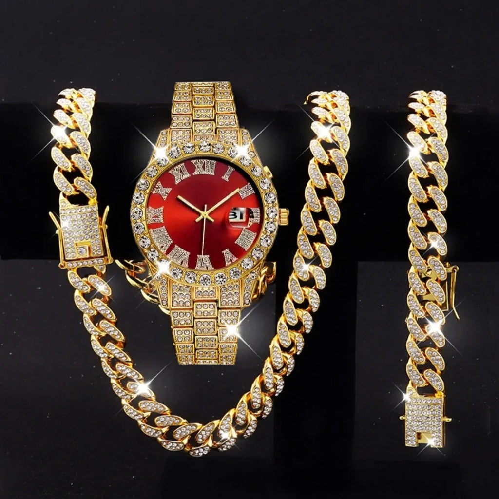 Coffret 3 Montres Homme Luxe Diamant — Cadran Roma, Acier, Quartz + Bijoux (Sans Boîte)