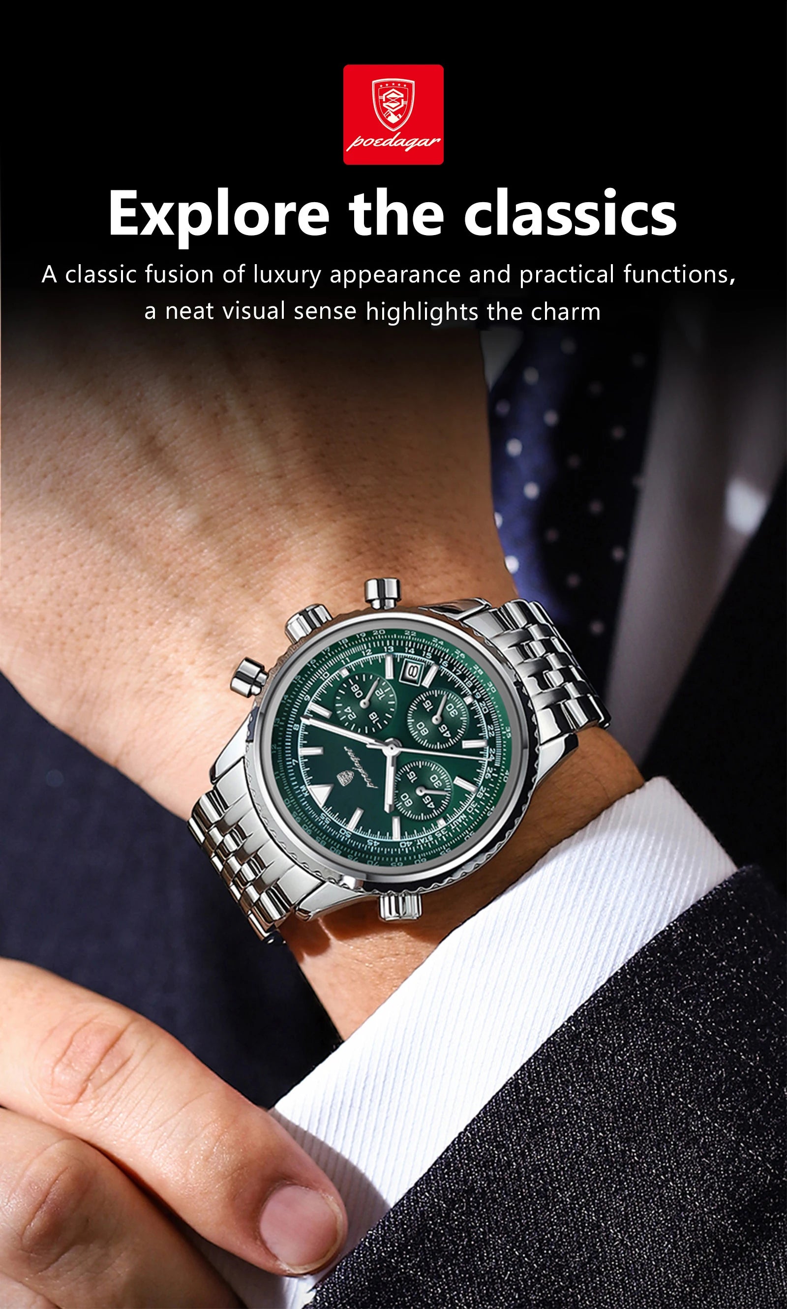 POEDAGAR Montre Homme Luxe Chronographe — Acier Inoxydable, Étanche, Sport Élégant