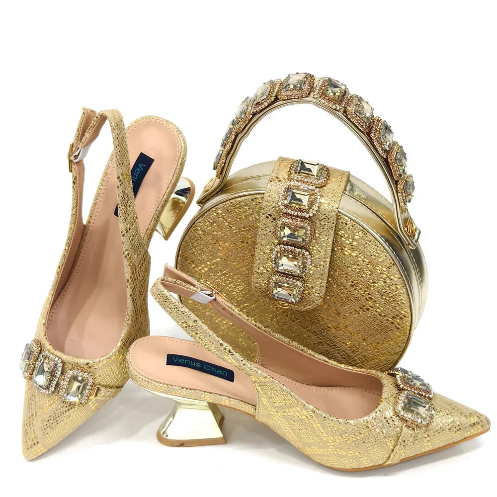 Ensemble Chaussures & Sac Femme Venus Chan Vert Strass — Talon Haut, Soirée Luxe