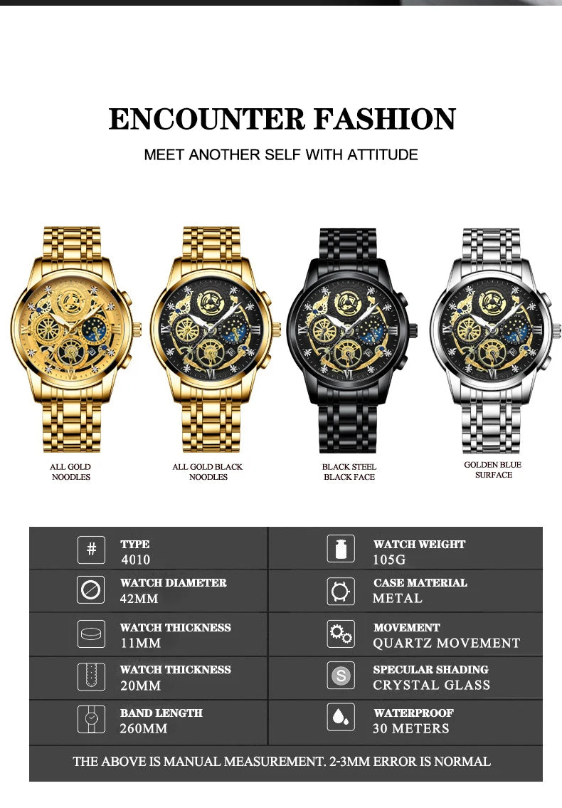 Montre Homme BINBOND Luxe Quartz — Acier Inoxydable, Lumineux, Étanche 30M, Business