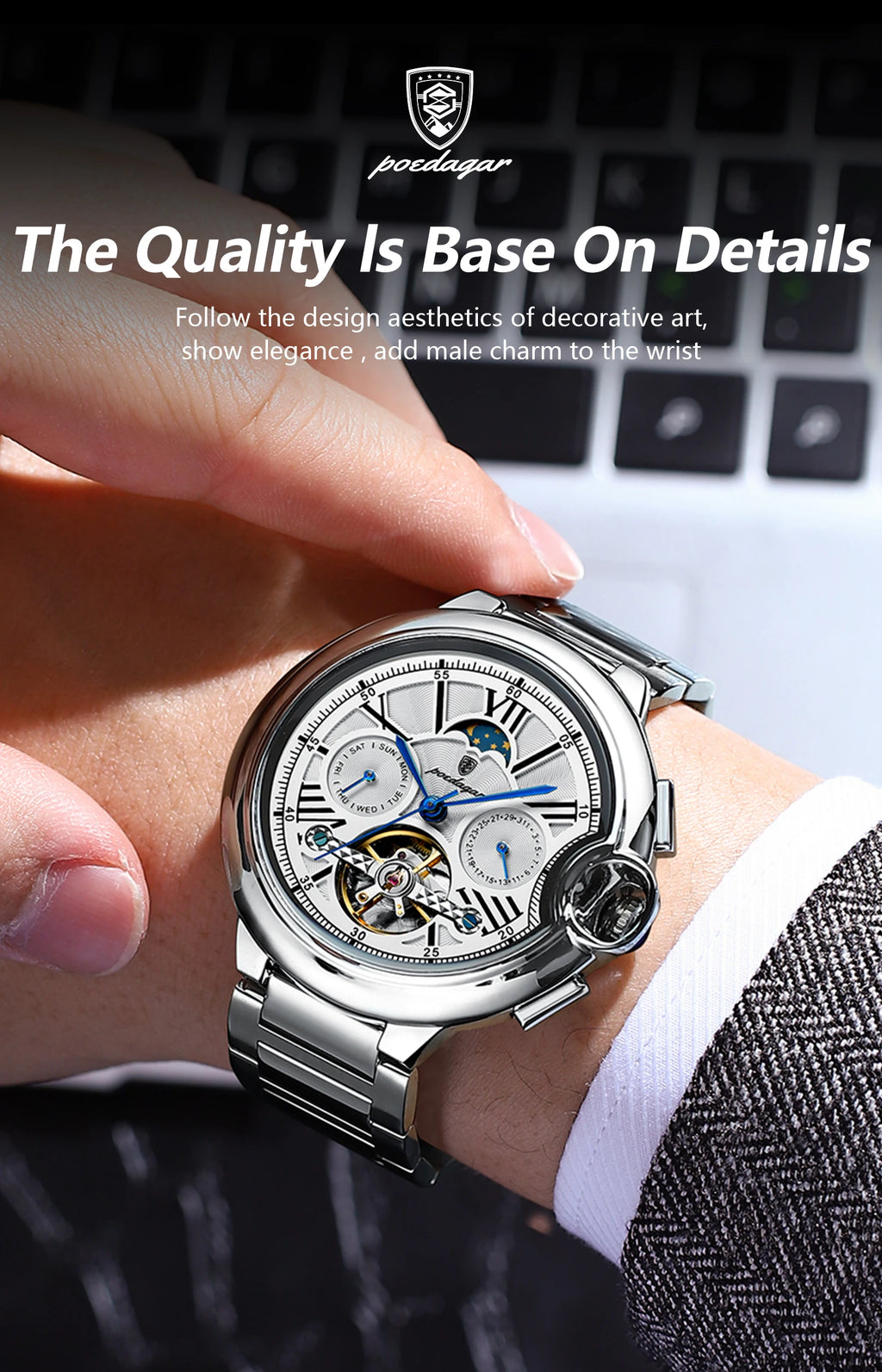POEDAGAR Montre Automatique Homme Luxe — Tourbillon, Acier, Date & Semaine, Étanche