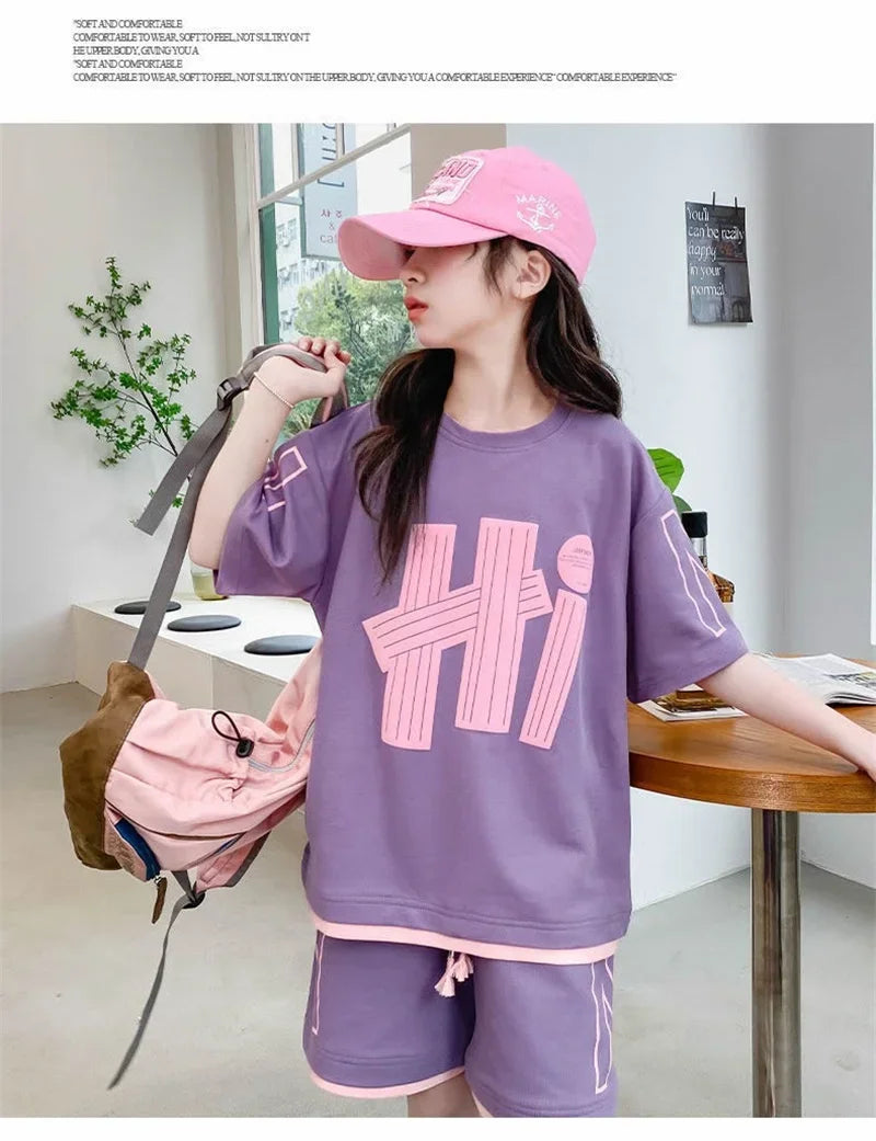 Ensemble 2 pièces filles – T-shirt manches courtes & short décontracté imprimé lettres, 5-14 ans