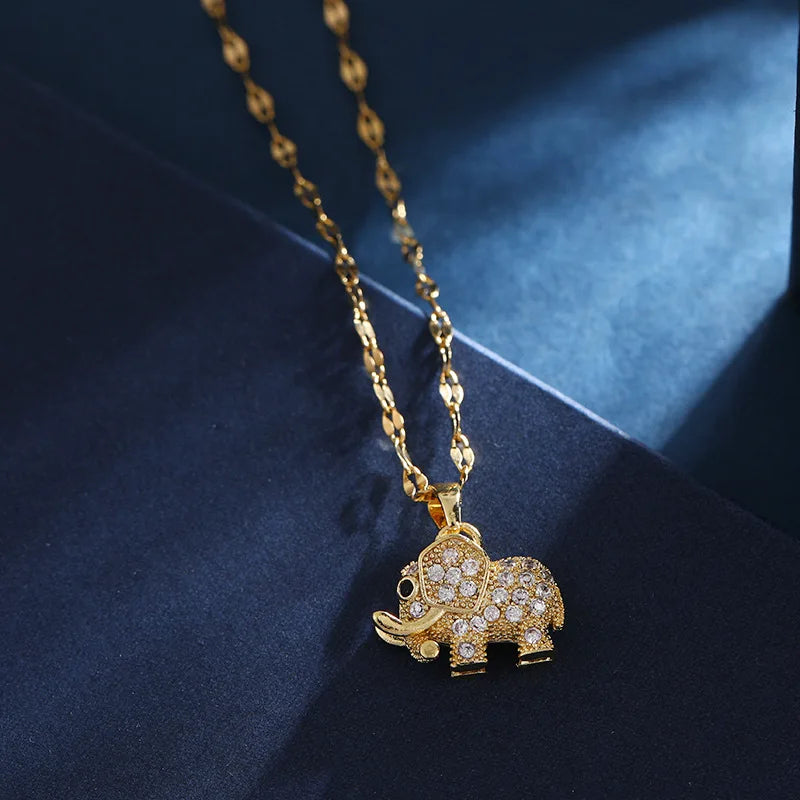 Collier Pendentif Éléphant Zircon Cubique — Cuivre Doré, Polyvalent, Homme & Femme