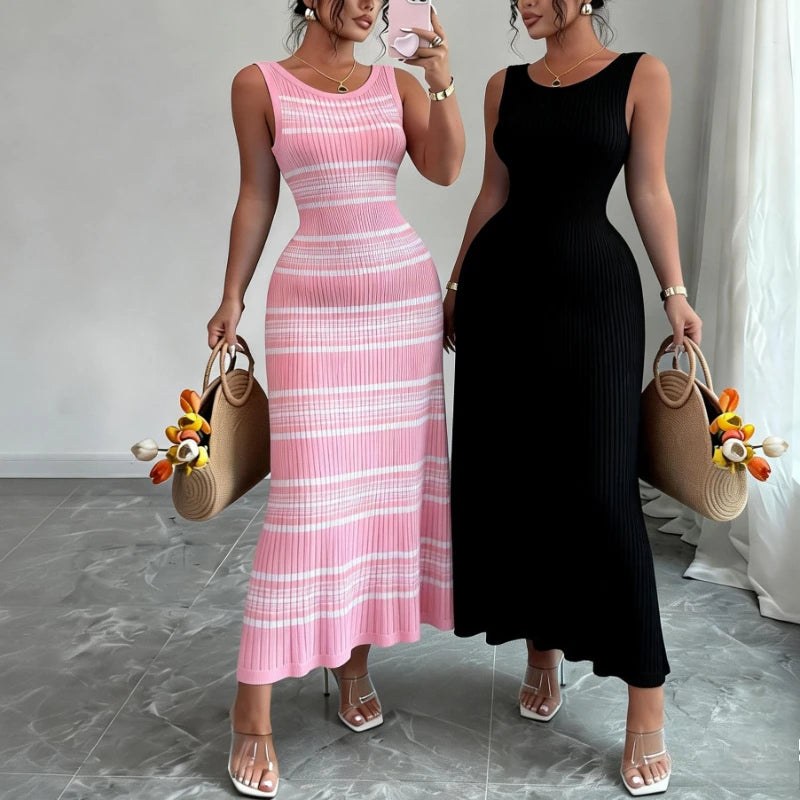 Robe Maxi Bodycon Rayée Rose — Sans Manches, Col Rond, Plage & Soirée Été