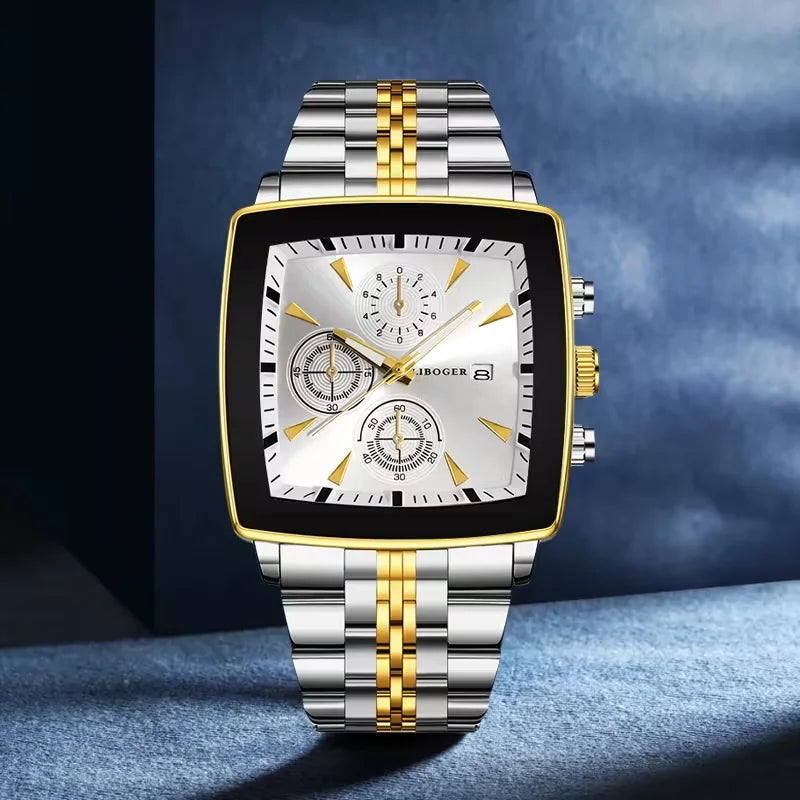 Montre Homme Luxe Carrée Quartz — Acier Inoxydable, Calendrier, Business (Sans Boîte)