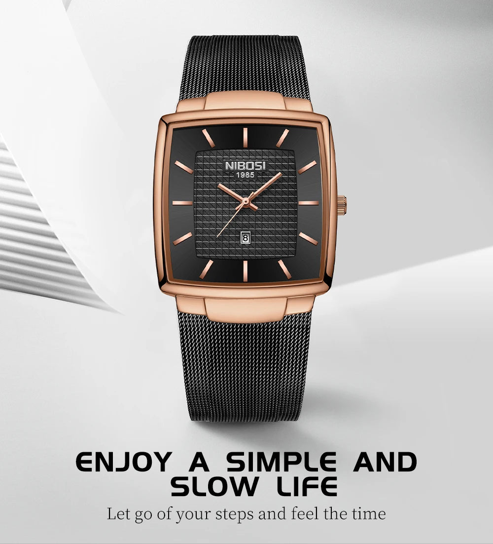 NIBOSI Montre Homme Luxe Carrée Quartz — Maille Ultra-Fine, Étanche, Lumineux