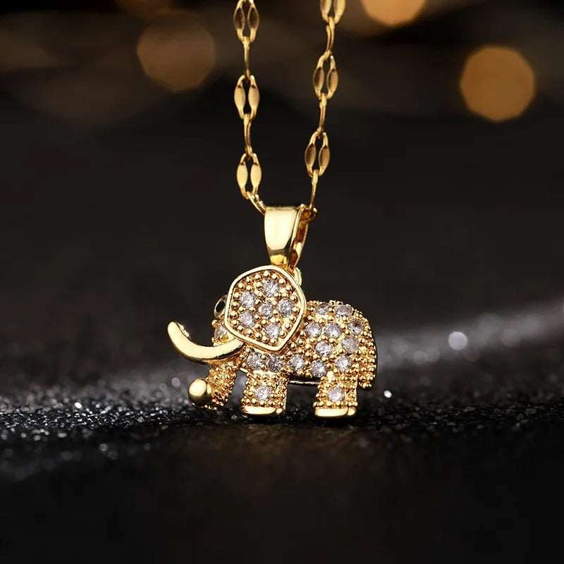 Collier Pendentif Éléphant Zircon Cubique — Cuivre Doré, Polyvalent, Homme & Femme