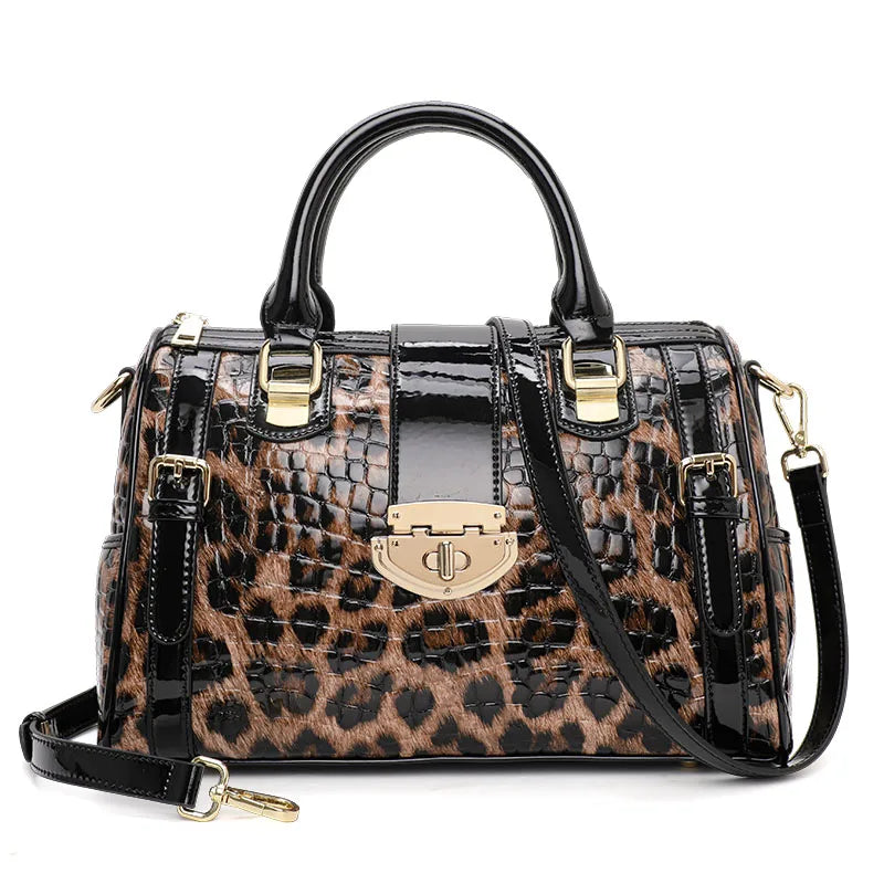 Sac Boston Femme Cuir Véritable Imprimé Léopard — Style Luxe Tendance