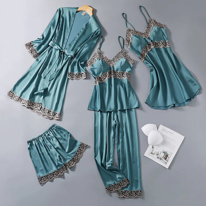 Ensemble Pyjama Femme 5 Pièces Grande Taille — Style Européen, Printemps-Automne