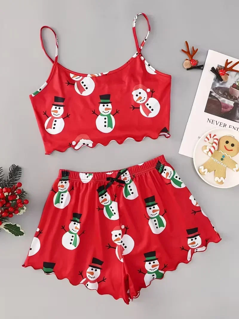Pyjama Femme Noël Bonhomme de Neige — Bretelles, Col Rond, Top & Short Lounge